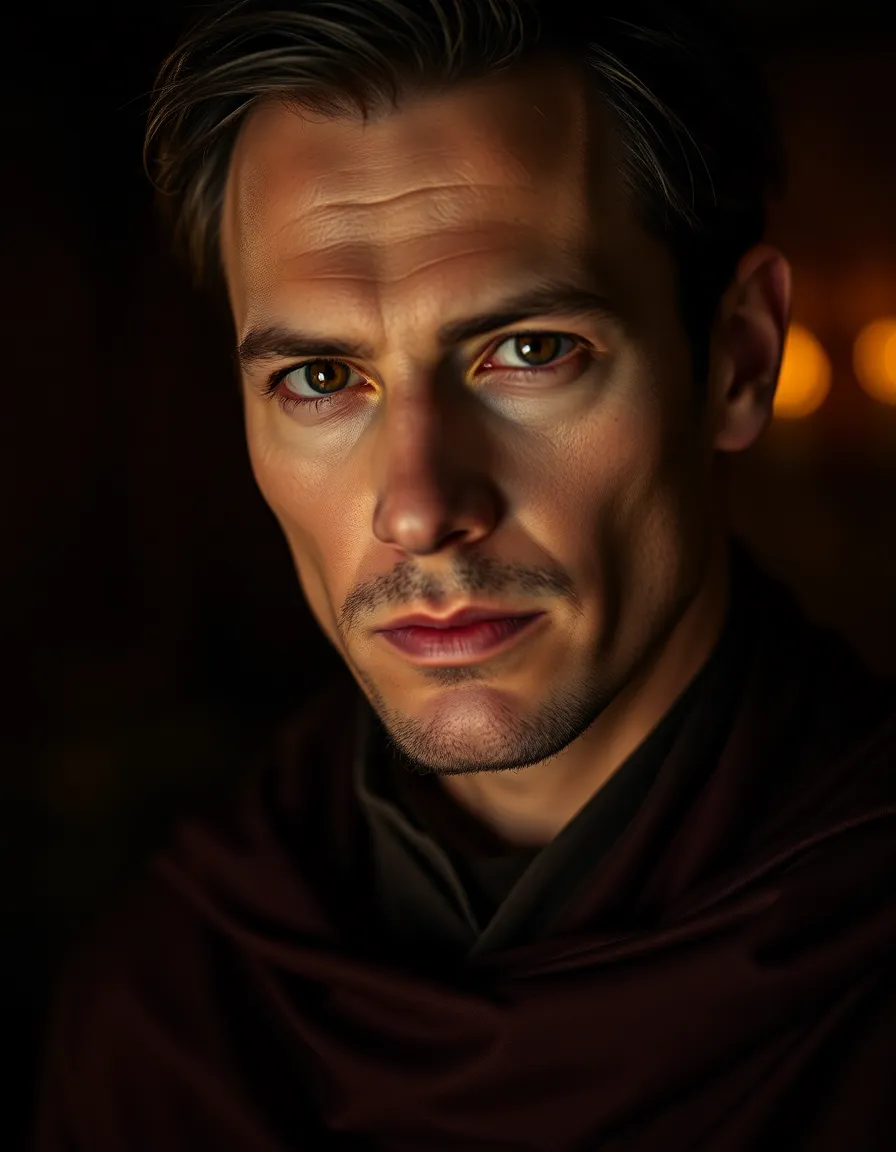 A striking portrait of an actor in dramatic Rembrandt lighting, capturing the nuances of expression through selective focus on the eyes. The high contrast between light and shadow enhances the emotional impact, while warm skin tones draw the viewer in. Positioned off-center according to the rule of thirds, the detailed costume fabric adds richness to the image, creating an engaging theatrical portrait.