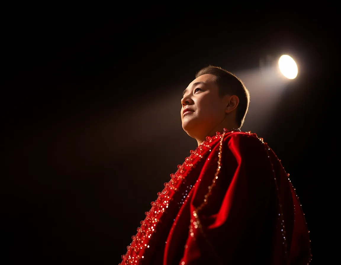 A solo actor stands confidently in the spotlight, surrounded by darkness, creating a powerful focal point in the image. The striking contrasts from the hard edge light enhance the drama, while the blurred audience in the background adds depth. The rich textures of the actor's costume catch the light beautifully, while the cinematic color grading adds a vivid touch to the scene. The centered composition emphasizes the actor's commanding presence on stage.