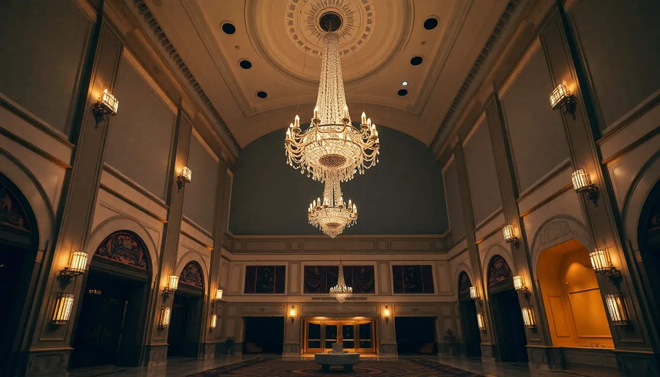 An elegant theater lobby photographed at twilight, showcasing a magnificent chandelier that dazzles with reflections of ambient light. The warm glow from sconces adds a welcoming atmosphere, while the intricate architectural details invite admiration. The composition centers on the chandelier, framing it with leading lines that emphasize its grandeur. Textures of marble and plush carpeting enhance the luxurious feel of this splendid space, capturing the essence of high-class entertainment venues.