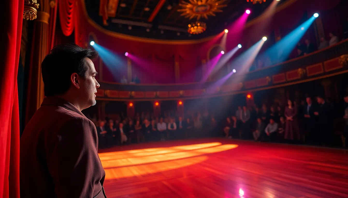 Dramatic Theater Performance Lighting This image encapsulates the energy of a dramatic theater performance, highlighted by colorful stage lighting and the emotional expression of the lead actor. The rich red and gold color palette enhances the opulent atmosphere, while the blurred audience in the background suggests the immersion of the scene. The textures of the velvet curtains and polished stage floor add a tactile quality, creating an inviting visual experience. Perfect for illustrating the world of entertainment and theater arts.