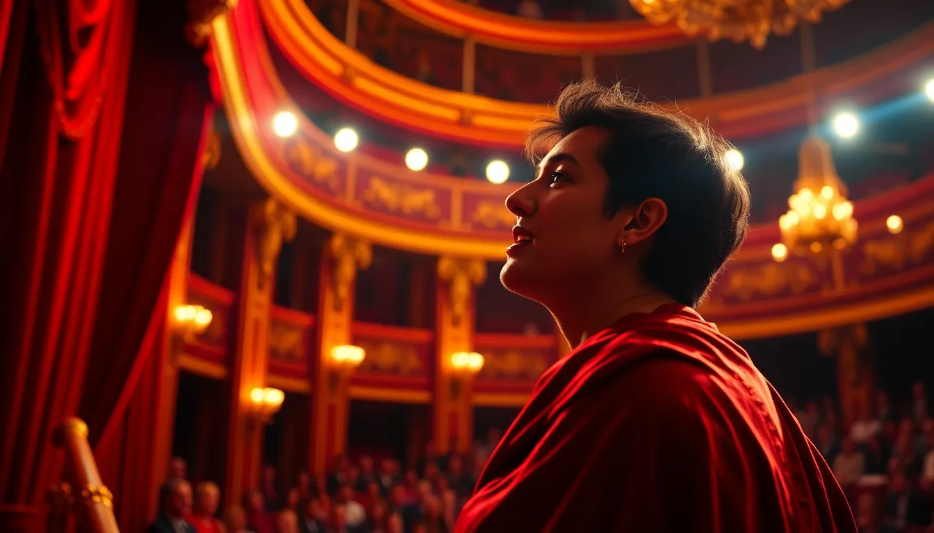 An intense moment captured during a theatrical performance in an ornate theater. The actor, dressed in a lavish costume, is seen emoting passionately under vibrant stage lights. The backdrop features rich, red velvet curtains that create a luxurious ambiance. The shallow depth of field draws focus to the performer while the audience remains subtly blurred, enhancing the drama of the scene. The color palette is striking with deep reds and highlights, evoking a sense of excitement and energy.