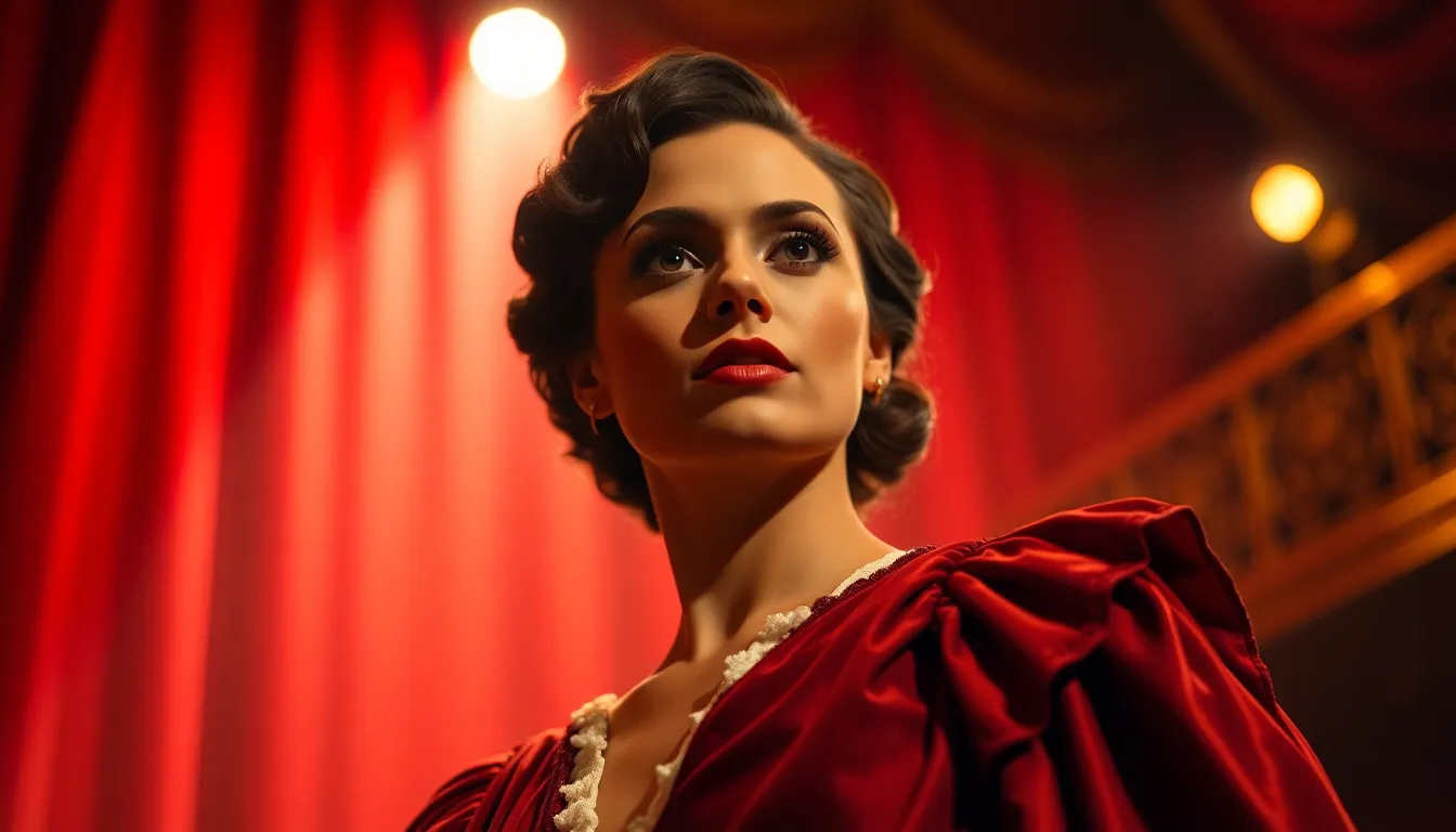 A stunning capture of a solo performer in a richly adorned theater, illuminated by warm stage lights. The vibrant red and gold hues of the curtains create a luxurious backdrop, highlighting the intricate details of the performer's costume. With a shallow depth of field, the image conveys a sense of intimacy and emotion, drawing the viewer into the dramatic atmosphere. This photograph encapsulates the magic of theater and live performance.