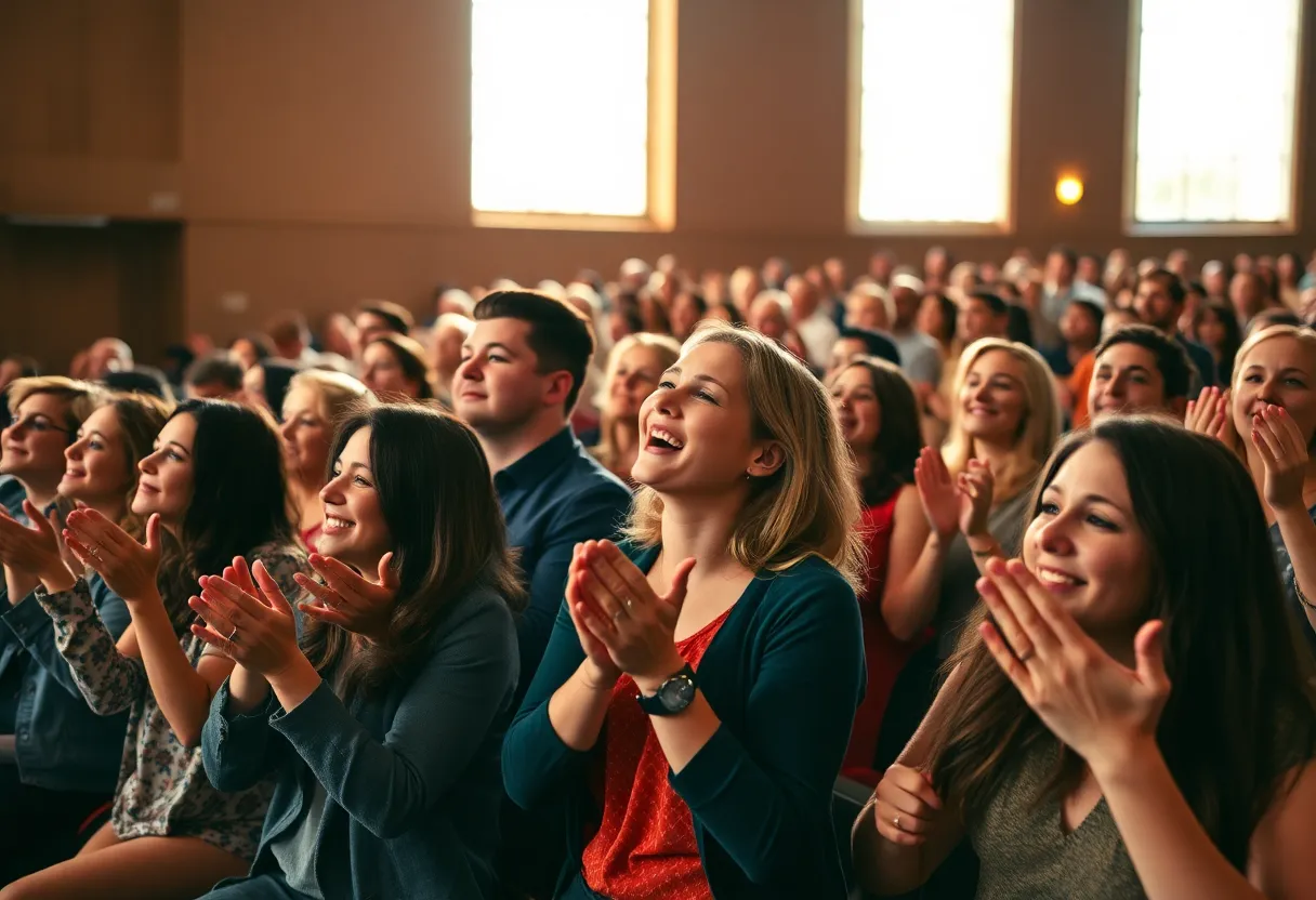Audience Applauding During a Performance This image captures the vibrant energy of an audience celebrating a theater performance, with enthusiastic expressions and applause filling the air. The natural light from large windows enhances the joyful atmosphere, while the colorful clothing textures bring liveliness to the scene. The composition thoughtfully utilizes the rule of thirds, creating engaging clusters of audience members. A perfect representation of the excitement and community fostered by the performing arts.