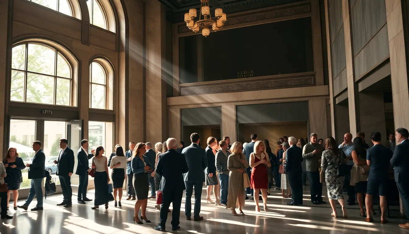 This image captures the vibrant atmosphere of a theater lobby just before a performance, filled with patrons elegantly dressed and engaged in conversation. Natural light streams through large windows, casting dappled sunlight across the marble floors, enhancing the sophisticated ambiance. The composition draws the viewer's eye along leading lines from the entrance toward the lively group of attendees. The use of muted earthy tones emphasizes the warmth of the lobby decor, making the scene inviting and engaging.