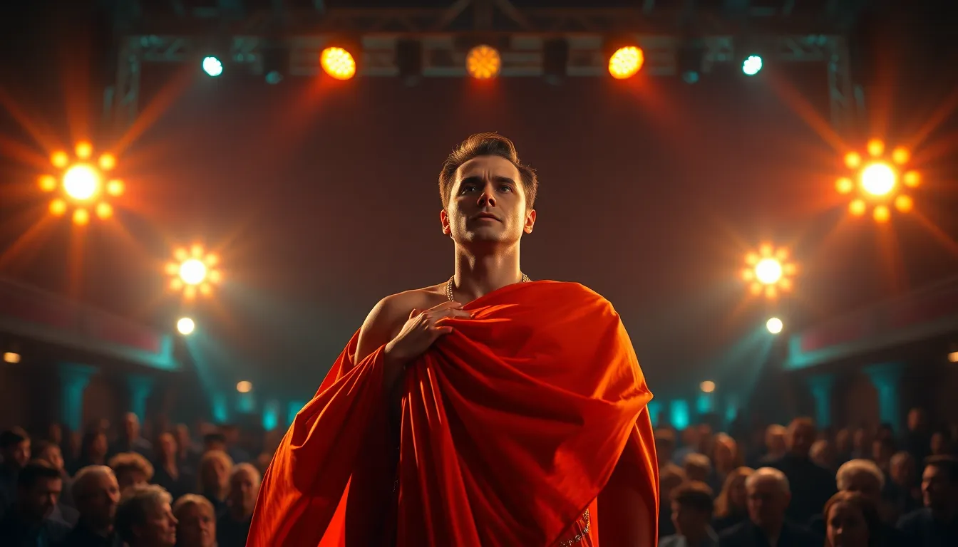 This dramatic image captures a lead actor in the spotlight during a theatrical performance, showcasing vibrant stage lights and intricate costume details. The shallow depth of field emphasizes the actor's expressive features against a beautifully blurred audience, creating an intense atmosphere. The cinematic teal and orange tones add a sense of drama and excitement, making this photograph a stunning representation of live theater.