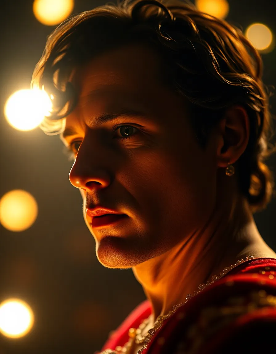 A close-up portrait of a theater actor moments before stepping onto the stage. The soft, warm lighting highlights the actor's focused expression and intricate costume details. Their face is surrounded by a gentle halo, created by backstage lights, enhancing the dramatic effect. The Kodak Portra-inspired color palette enriches the image with warm, inviting tones. This moment captures the blend of anticipation and intensity that actors experience before a performance.