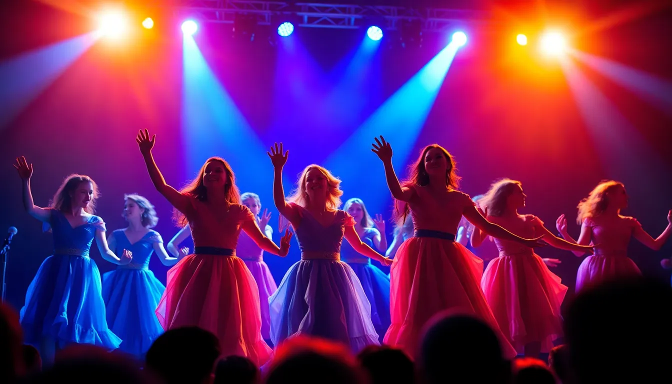 A dynamic musical performance captured at its peak, with performers energized under bright spotlights. The vibrant colors of their costumes pop against the darker backdrop, creating a visually striking image. The shallow depth of field emphasizes the performers' expressions, while the textures of their costumes reveal the intricate details that make theater so captivating. This photograph encapsulates the pulsating energy and excitement found in live musical performances.