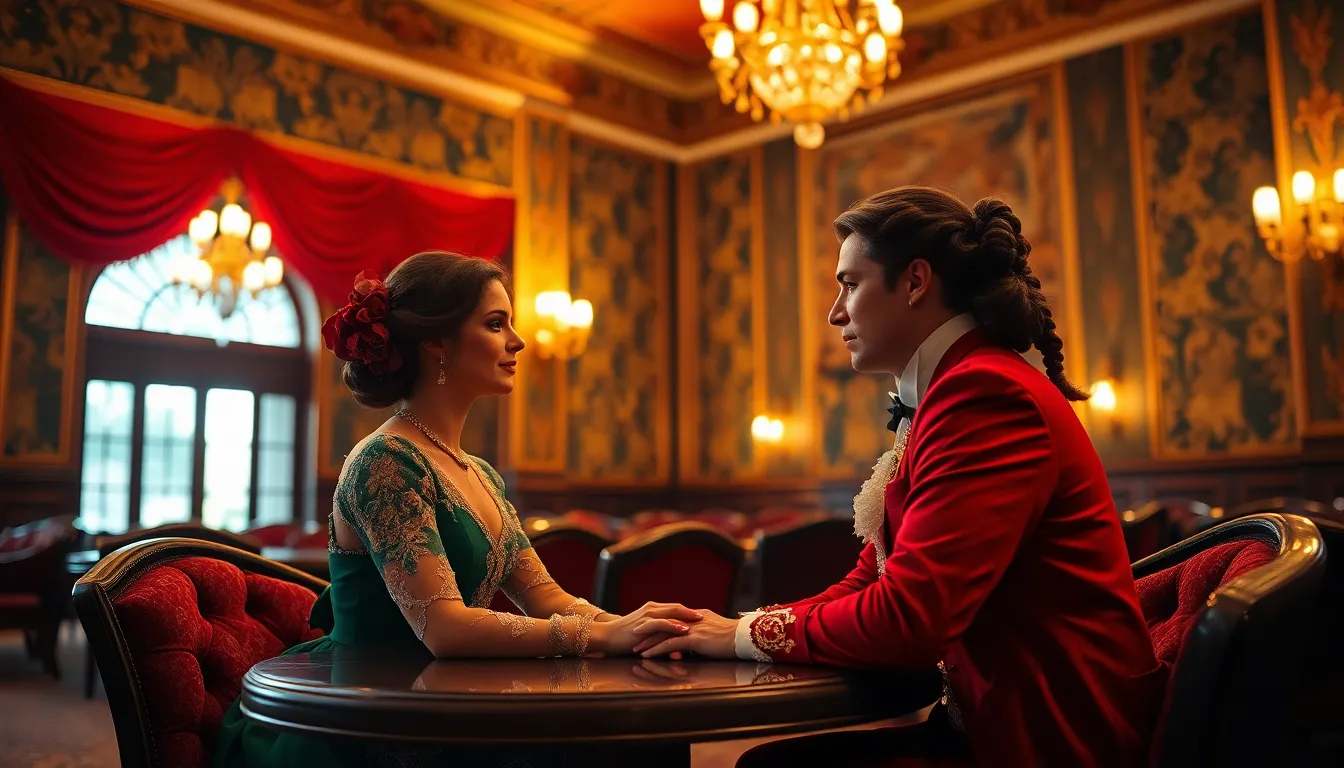 An elegant couple, dressed in period costumes, sits in a lavish theater lobby bathed in golden hour light. The soft backlighting highlights their features and the textures of their garments, while the wallpaper and furnishings add depth and richness. The bokeh effect draws the viewer’s eye towards the couple, evoking a romantic and historical ambiance. The warm Kodak Portra 400 color palette enhances the scene's nostalgic feel.