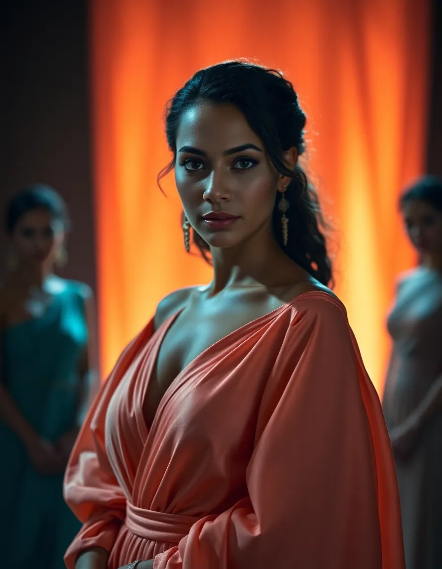 An elegant lead actress captivates the audience in a theatrical scene, beautifully illuminated by softbox lighting that enhances her features. The vibrant silk of her costume flows gracefully, creating a stunning visual effect against the subtle teal and orange backdrop. With a soft focus on her expressive face, this moment encapsulates the emotional depth of her character. The shallow depth of field adds intimacy to this powerful performance, making it a striking piece.