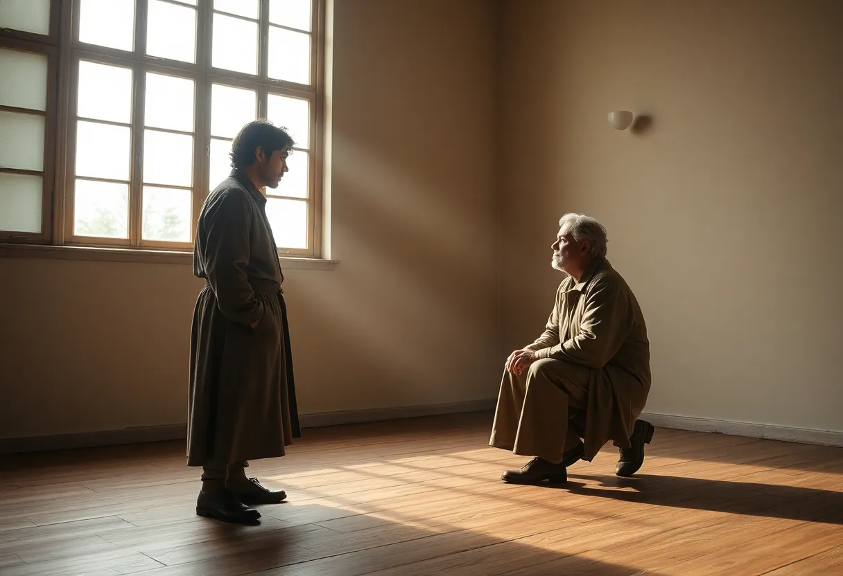 An intimate theater scene capturing two actors engaged in a poignant dialogue under soft daylight streaming through large windows. The natural light beautifully highlights the textures of their costumes and the worn wooden floor, evoking a sense of realism. The muted color palette emphasizes the emotional depth of the moment, with both actors in perfect focus, drawing viewers into their interaction. This setting invites appreciation for the nuances of live performance.
