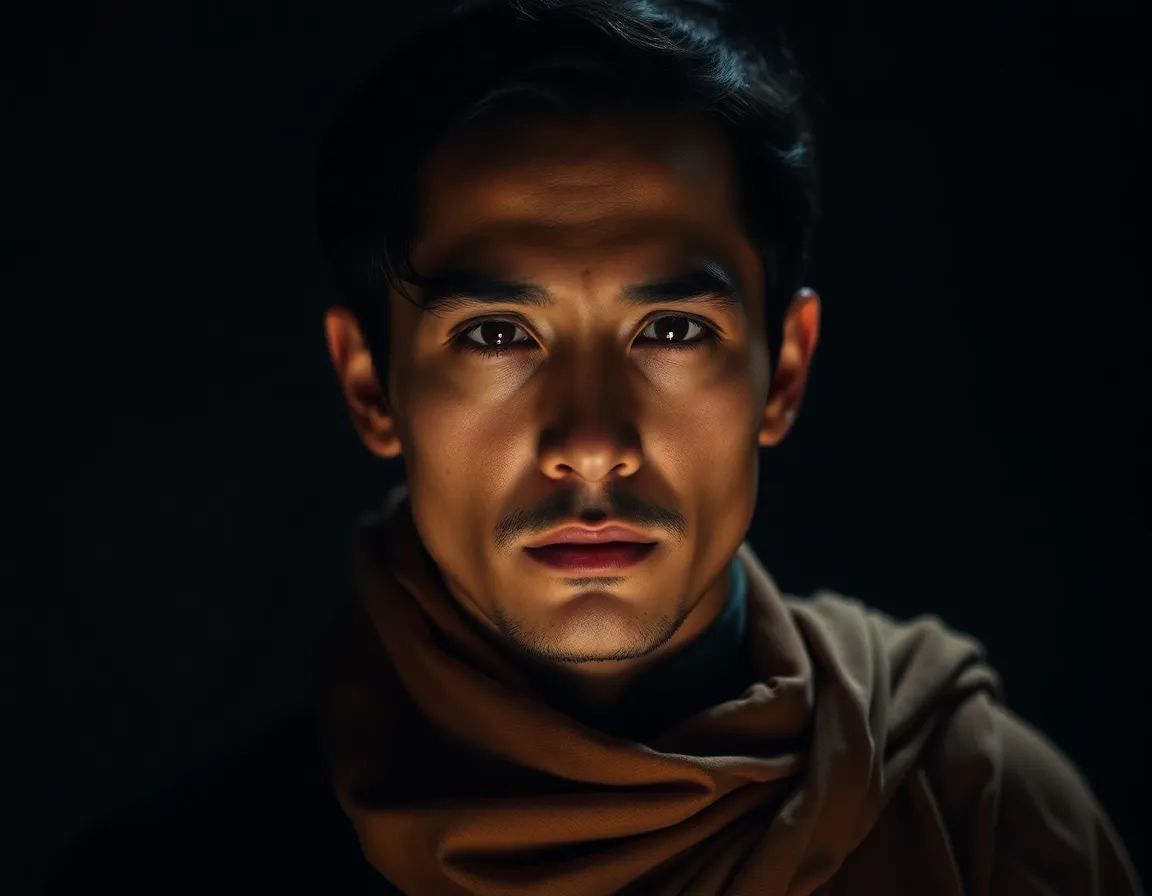 A compelling portrait of an actor delivering an intense monologue, illuminated by soft Rembrandt lighting that highlights their facial features and emotions. The deep blue and warm earth tones of the background create a striking contrast, enhancing the scene's mood. With a shallow depth of field, the actor's expression draws the viewer's attention, while the texture of the costume adds richness to the overall composition, embodying the power of theater.
