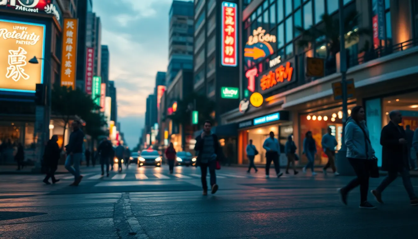 This image captures a lively urban intersection during twilight, filled with pedestrians navigating the vibrant city life. The combination of neon signage and wet pavement creates a dynamic atmosphere, enhanced by cinematic teal and orange tones. A shallow depth of field draws attention to the bustling people, while the background softly blurs, emphasizing the action. The textures of the rain-slicked asphalt and reflections add depth, showcasing the urban energy beautifully.