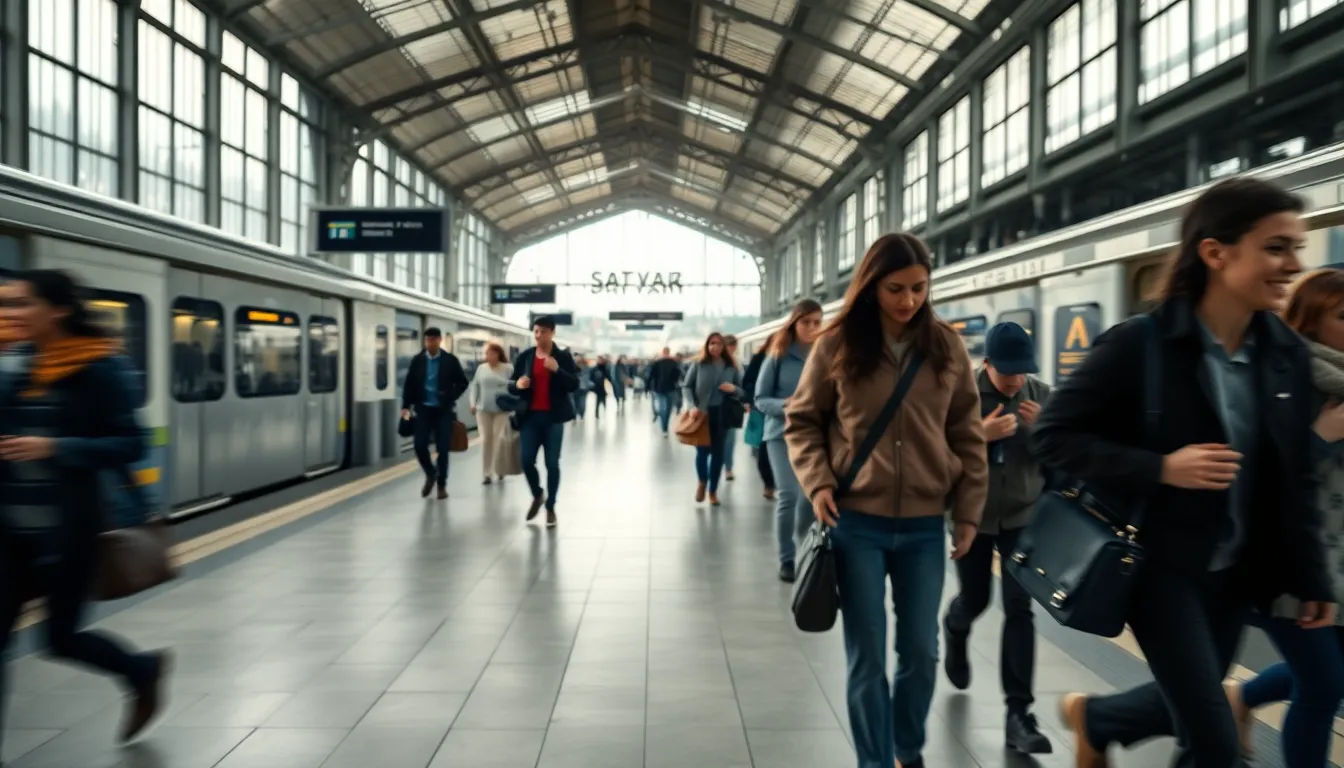 Train Station Commuters Timelapse This captivating timelapse image portrays the energy of a busy train station. The soft, diffused daylight filters through large windows, creating an inviting atmosphere among the hustle of commuters. Isolated figures move with purpose, while the background flows softly into a creamy bokeh, providing a striking contrast. The image captures the essence of city life in motion, highlighted by natural tones and detailed textures.