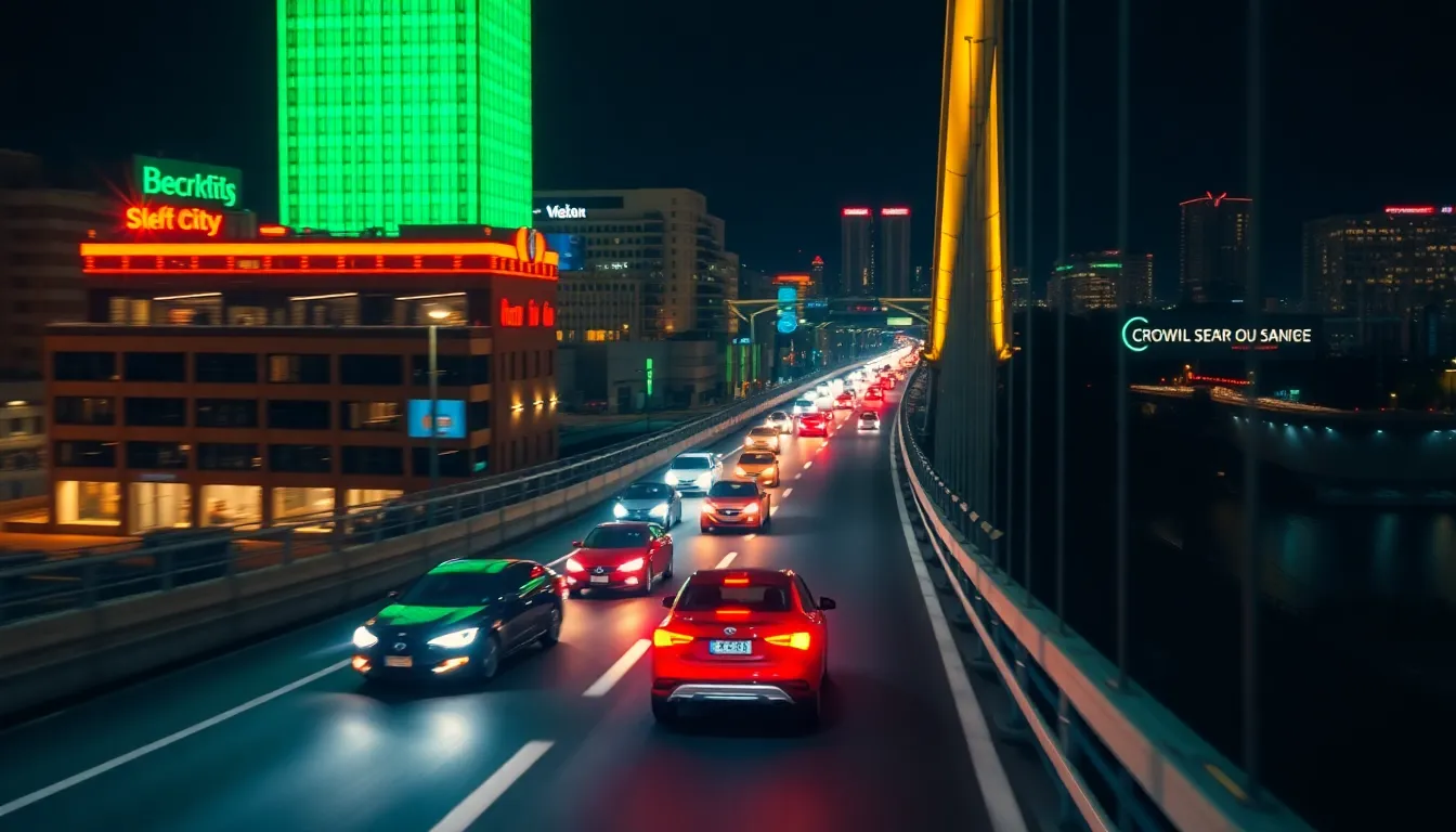 Capture the vibrant energy of night traffic flowing over a city bridge in this dynamic timelapse image. Neon lights from nearby buildings blend into a colorful tapestry, illuminating the cars in motion and creating striking streaks of light. With a shallow depth of field, the bridge remains sharply in focus while the moving vehicles become trails of color, enhancing the sense of speed. This composition utilizes dynamic lines and rich color grading to draw the viewer into the lively night scene.