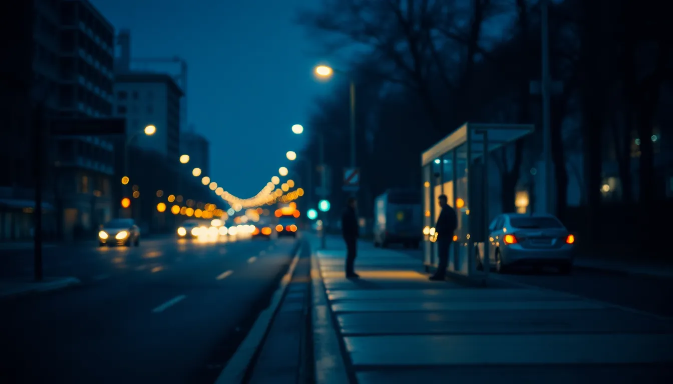 This nighttime city street scene captures the vibrancy of urban life under street lamp illumination and car headlights. The cool blue and warm yellow tones create a striking contrast, enhancing the city's nighttime energy. A lone figure waiting at a bus stop becomes the focal point, framed by a soft background blurred into painterly bokeh. The composition employs leading lines to draw the viewer’s eye down the street, while textures of wet pavement and glowing reflections add depth and realism to the ambiance.