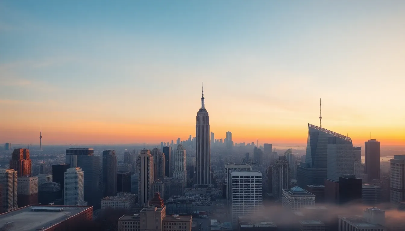 This panoramic image showcases a stunning city skyline bathed in the soft light of sunrise. The gradual transition from deep blues to light oranges in the sky creates an ethereal atmosphere, while the hyperfocal focus reveals the architectural intricacies of the buildings. Natural muted tones enhance the serene morning vibe, and the centered composition perfectly captures the essence of a tranquil dawn in an urban setting. The gently rising mist adds a beautiful layer of depth, enveloping the city in a soft glow.