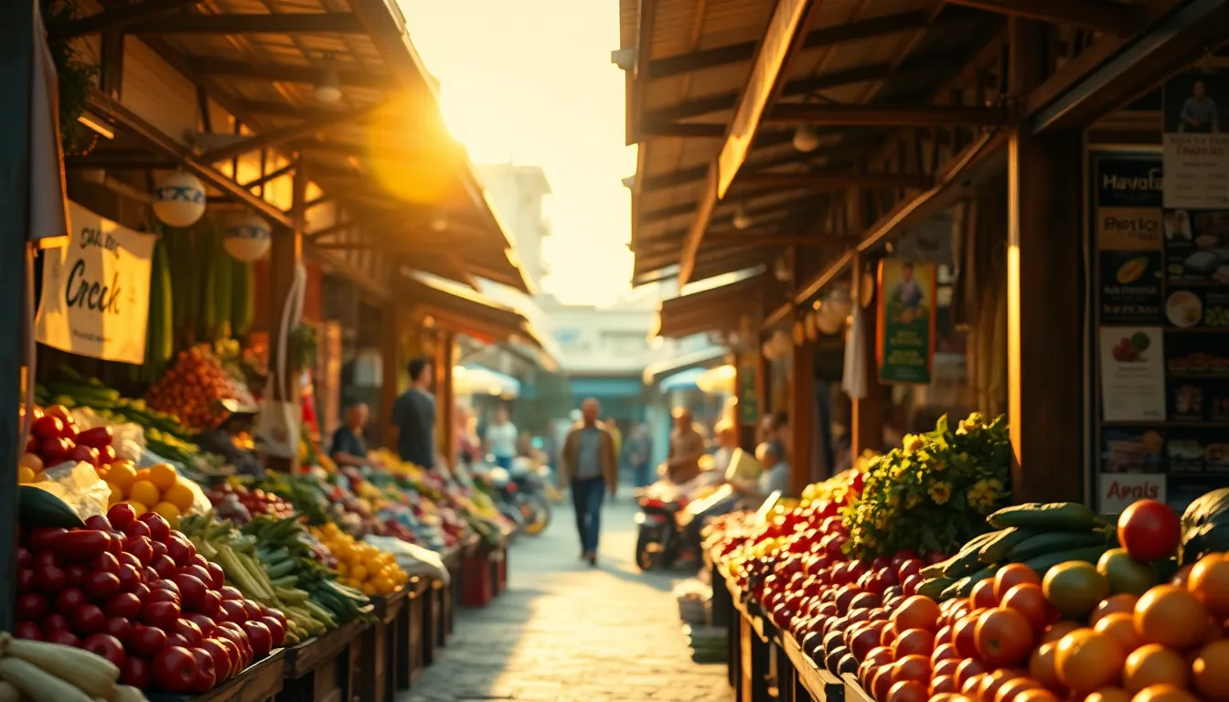 This image captures the lively atmosphere of a street market during golden hour, with warm light bathing colorful produce displayed by local vendors. The inviting ambiance is enhanced by the rich textures of rustic wooden stalls, while a shallow depth of field draws the eye to vivid fruits and vegetables. The warm color palette, inspired by Kodak Portra 400, enriches skin tones and highlights, creating a welcoming feel. Foreground framing leads the viewer into the bustling market, highlighting the vibrancy of local culture.