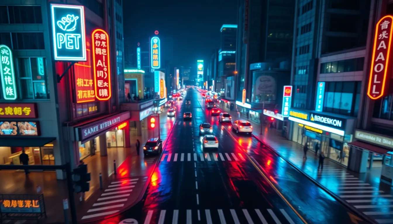 Neon-Lit Cityscape Aerial Timelapse This stunning aerial image captures a vibrant cityscape at night, illuminated by the colorful glow of neon lights reflecting on wet pavement. The dynamic interplay of colors and light creates a captivating atmosphere that embodies urban nightlife. The shallow depth of field emphasizes the sharp details of the neon signage, while the surrounding environment transitions into a soft blur, adding depth to the scene. The cinematic color grading enhances the vibrancy, making this image a striking representation of modern city life.