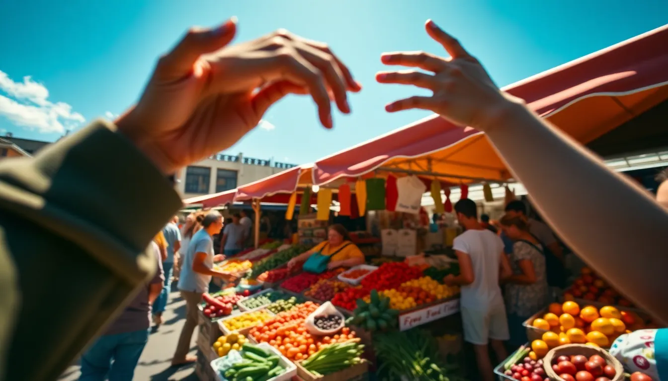 Dive into the lively atmosphere of an outdoor market brimming with colorful produce and bustling shoppers in this vibrant timelapse image. Strong midday sunlight enhances the vivid colors of fruits and vegetables, creating a feast for the eyes. The shallow depth of field draws focus to a stand overflowing with fresh items, while the surrounding crowd adds dynamism to the composition. Capturing the energy of market life, this image showcases the joy of community and commerce under a clear blue sky.