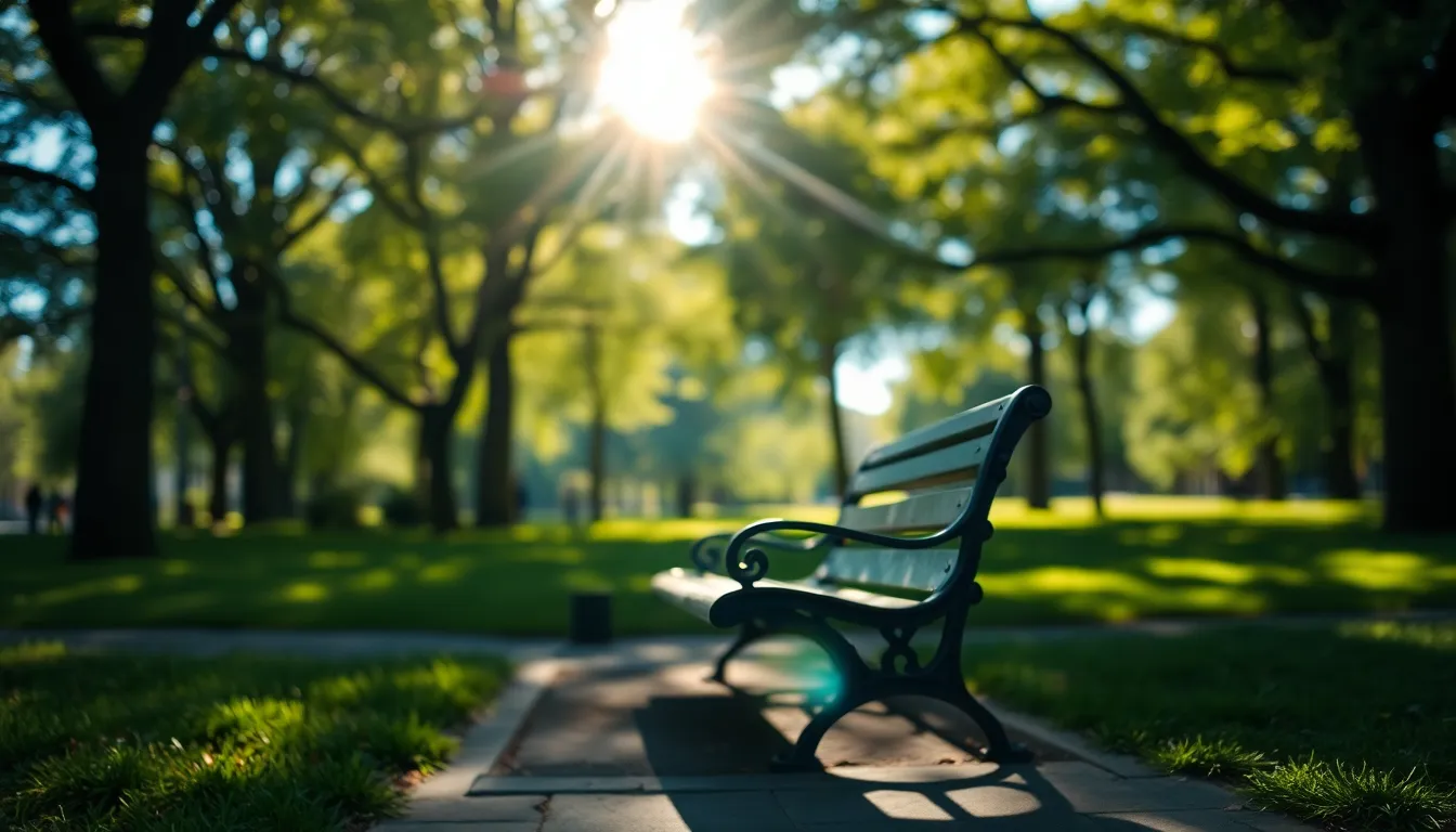 This serene timelapse captures the tranquility of a city park, where dappled sunlight dances through the trees. The focus on a charming park bench invites viewers to pause and reflect amid the vibrant greens and peaceful atmosphere. Atmospheric perspective enhances the lush surroundings, creating a perfect escape within the urban landscape.
