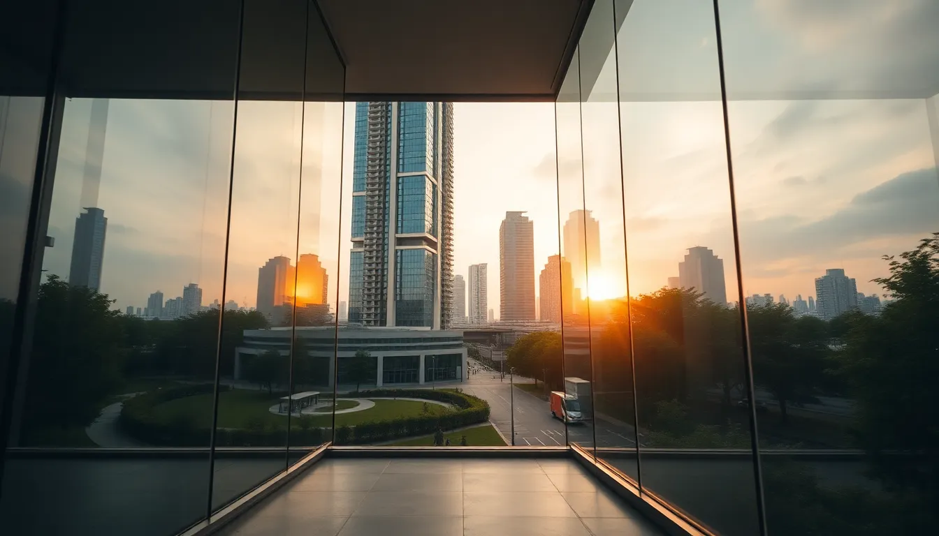 This stunning timelapse captures a vibrant urban sunrise, showcasing modern skyscrapers glistening under soft light. The harmonious interplay between the sharp architectural lines and the dappled greenery of the park creates a balanced composition. The natural muted tones evoke a sense of calm amidst the bustling city, making it a perfect representation of urban life at dawn.
