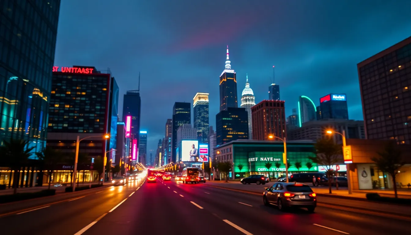 This stunning timelapse image captures the vibrant city skyline as lights come to life at dusk. The transition from natural daylight to the neon glow of urban nightlife creates a captivating atmosphere, showcasing the beauty of metropolitan energy. With a cinematic teal and orange palette, the reflections off glass buildings add depth to the scene, making it feel alive and dynamic.