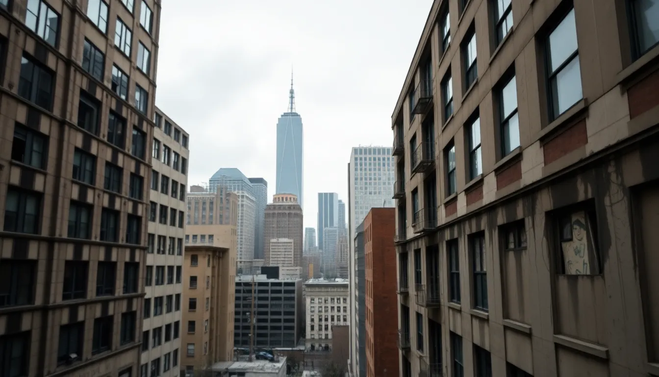 Overcast City Skyline Timelapse This stunning timelapse captures a modern city skyline under overcast skies. The image showcases weathered concrete buildings in soft, muted tones, creating an urban atmosphere. The shallow depth of field emphasizes the city’s architectural details while the skyline stands proudly against the cloudy backdrop. Perfect for showcasing the intersection of nature and urban living.