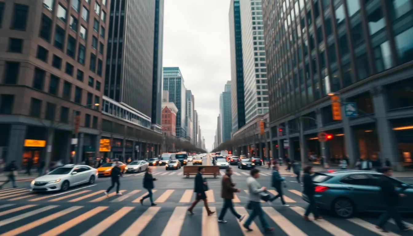 This timelapse portrays the energetic dynamics of a busy city intersection, filled with pedestrians and vehicles under overcast skies. The soft, diffused lighting enhances the colors while a shallow depth of field draws focus to the foreground action. The cinematic color grading adds depth and vibrancy, creating a captivating urban scene. The composition employs leading lines to guide the viewer’s eye, illustrating the lively heartbeat of metropolitan life.