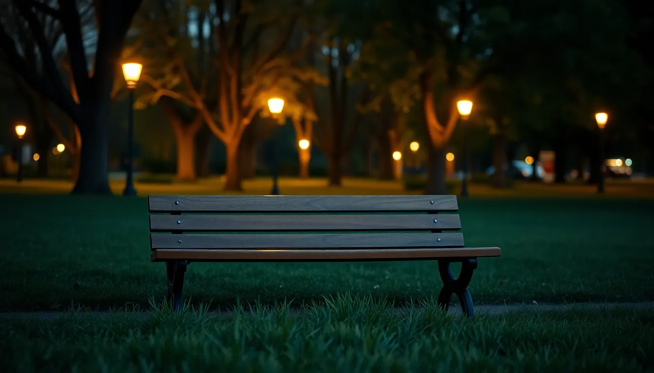 This serene timelapse portrays a tranquil city park as dusk envelops it in warmth. The soft glow from the lamps casts gentle shadows, creating an inviting atmosphere around the weathered bench. Captured in muted, calming tones, this image evokes feelings of relaxation and contemplation, perfect for those yearning for urban tranquility.
