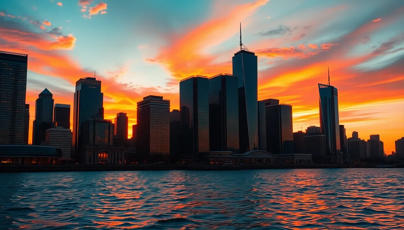This breathtaking timelapse captures the magnificent skyline of a city at sunset, where the vibrant oranges and reds paint the horizon. The silhouettes of skyscrapers create a striking contrast against the colorful sky, while the waterfront gently reflects the dramatic scene. This image embodies the beauty of urban life at day's end, inviting viewers to witness the transition from day to night.