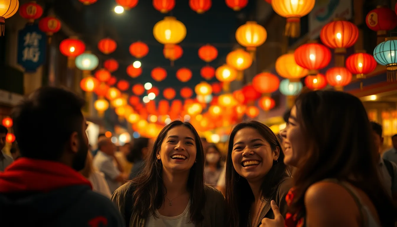 A lively street festival bursts with color under enchanting lantern lights at night. Friends gather joyfully, their faces highlighted by soft overhead lighting, creating an inviting atmosphere. The vivid color palette of bright reds, blues, and yellows mirrors the festive spirit, adding to the scene's warmth. With selective focus on laughter and celebration, the background gently blurs, capturing the essence of community and joy in this vibrant urban event.