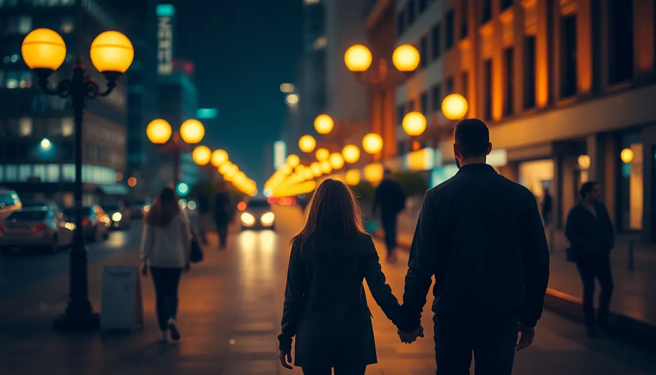 Romantic Nighttime City Walk This enchanting timelapse image showcases a couple walking hand in hand through a bustling city at night, illuminated by the warm glow of street lamps. The cozy ambiance contrasts beautifully with the deep blue hues of the night sky. The selective focus draws attention to their intimate moment while the cityscape hazily blurs into a magical backdrop. The cinematic color grading enhances the visual impact, making this image a perfect representation of romance in an urban setting.