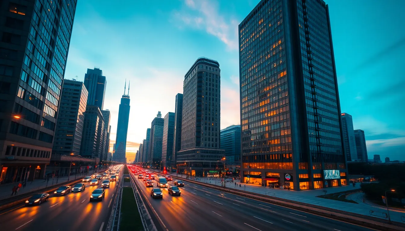 A captivating view of a bustling cityscape at twilight highlights the interplay between architecture and traffic. The twilight sky deepens in rich hues of blue and orange, creating a dramatic backdrop for sharp skyscrapers. Using leading lines from the streets, the composition pulls the viewer into the lively urban scene, as headlights and streetlights dance across the image, injecting a sense of motion and vibrancy. Every architectural detail stands out, promising a captivating exploration of the urban heart.