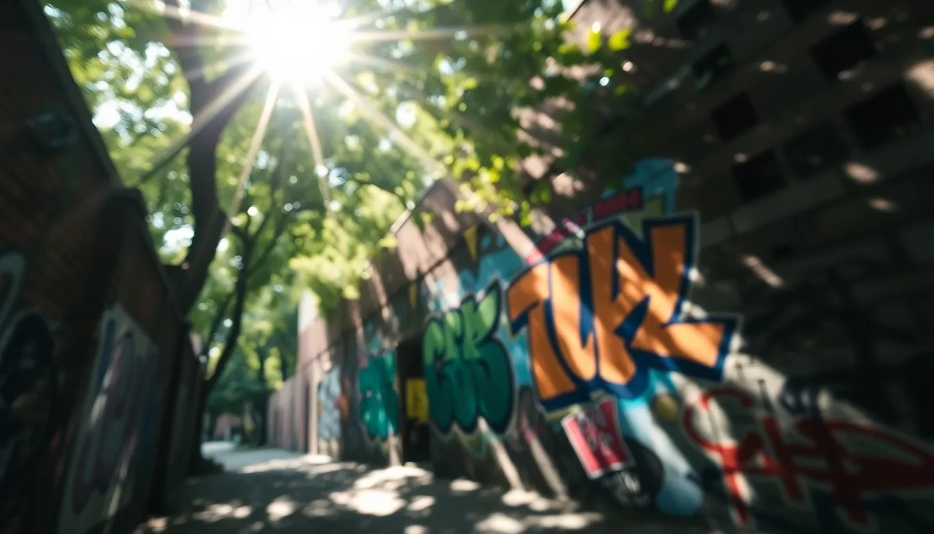 Dynamic Street Art in Urban Alley This timelapse showcases a vibrant mural in a hidden urban alley, beautifully illuminated by dappled sunlight filtering through the tree canopy above. The selective focus technique highlights the intricate details of the street art, as the surrounding textures of rough brick and graffiti come alive. Leading lines guide the viewer's gaze directly to the vibrant colors of the mural, creating an engaging composition that celebrates urban creativity and culture.