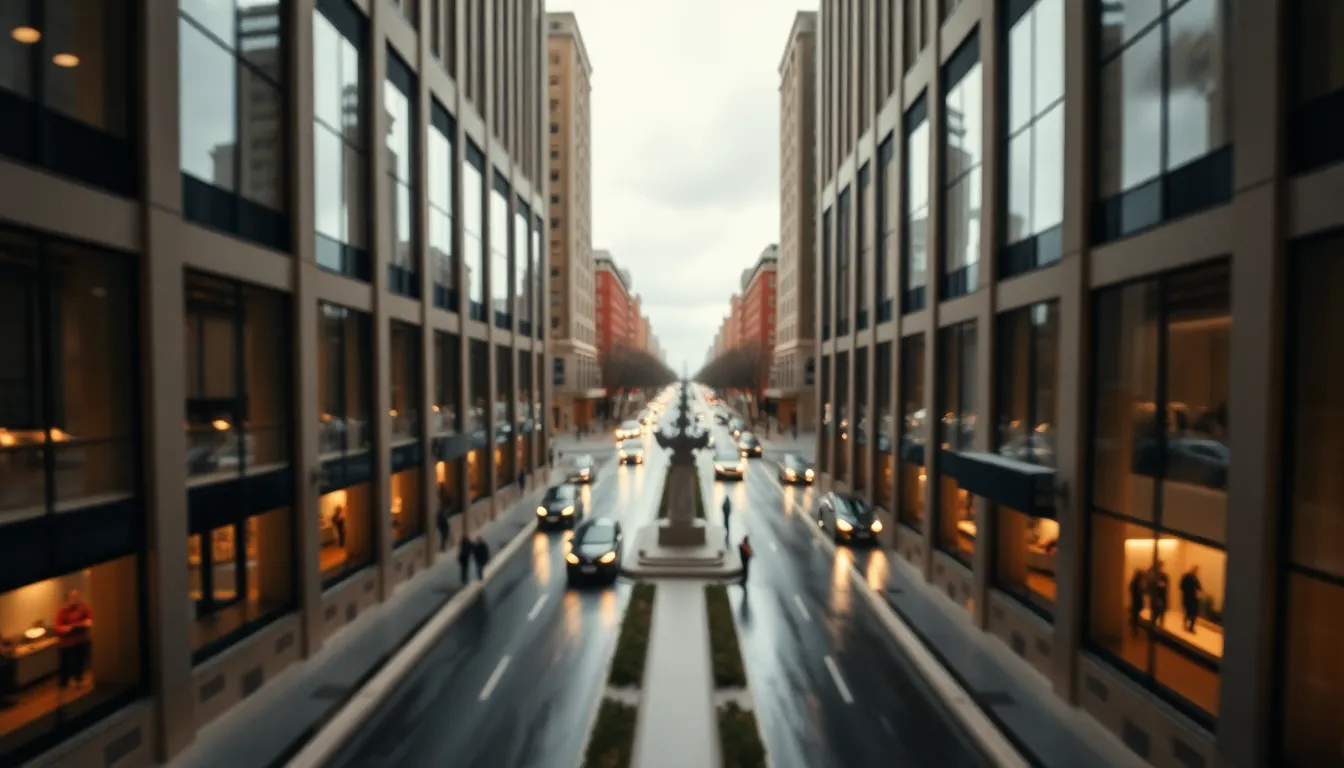 Urban Life Under Overcast Skies In this captivating timelapse scene, the urban life unfolds on a rainy day beneath a blanket of overcast skies. Captured through large windows, pedestrians rush by with umbrellas, creating a perfect contrast against the muted colors of the wet pavement. The shallow depth of field emphasizes the activities below, as the street appears alive and vibrant despite the dreary weather. This photorealistic image invites exploration of a busy cityscape brimming with life.