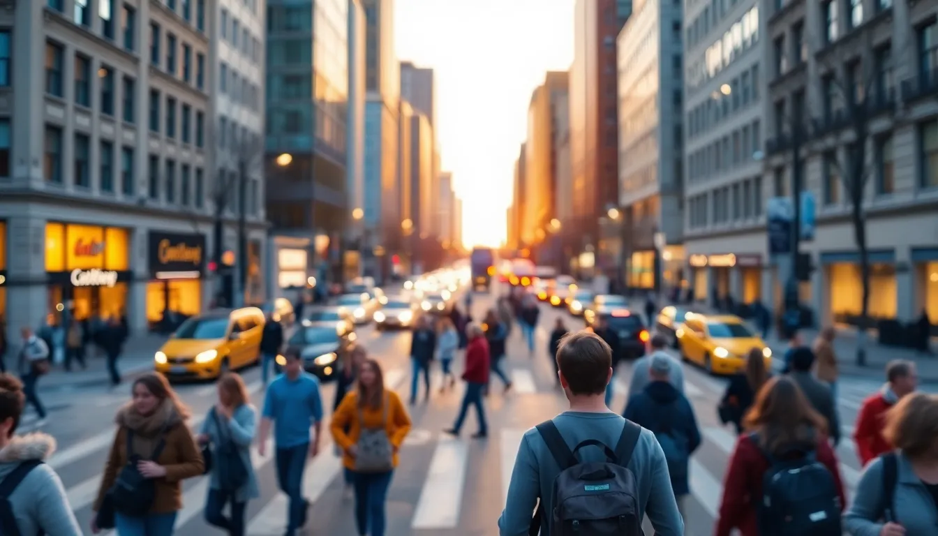 This mesmerizing timelapse image captures the bustling activity of a city intersection during golden hour. The warm backlighting creates a beautiful glow around pedestrians, highlighting the textures of their clothing and the energy of urban life. With a gentle focus on the action and a soft, blurred backdrop, the scene harmonizes vibrant city dynamics with a serene atmosphere.