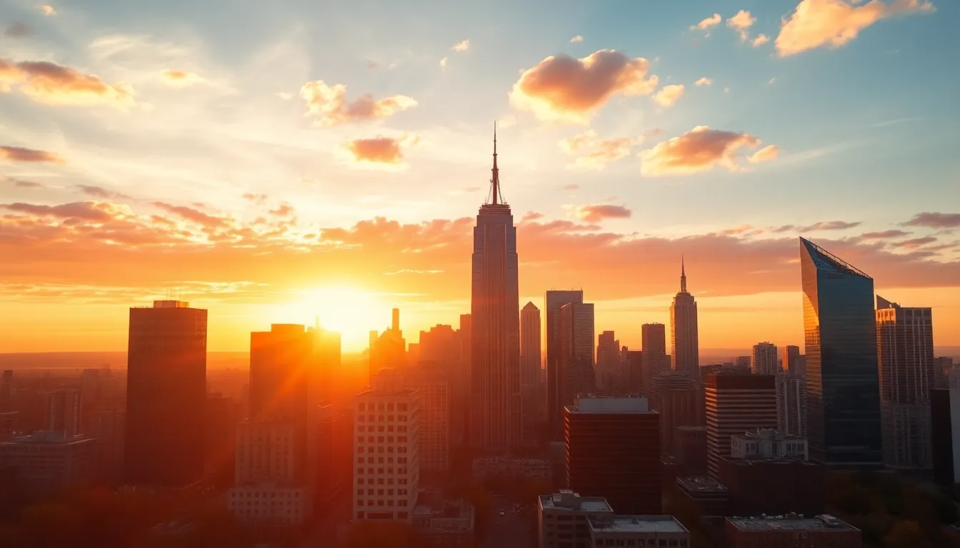 City Skyline at Sunset Timelapse This breathtaking image captures a city skyline during a stunning sunset, where warm golden light bathes the buildings in a soft glow. The rich oranges and purples of the sky envelop the scene, providing a dramatic backdrop that enhances the architectural silhouettes. The central symmetrical composition highlights the grandeur of the skyline, while the dreamy bokeh effect adds an ethereal quality to the foreground. This visual masterpiece invites viewers to appreciate the beauty of urban landscapes at dusk.