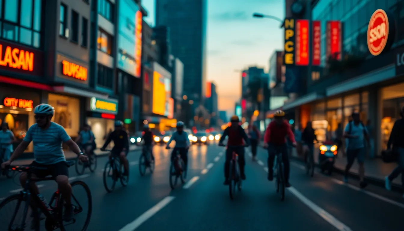 Urban Street Dusk Timelapse This dynamic timelapse image captures the hustle and bustle of an urban street at dusk. The warm glow of neon lights reflects off wet pavement, creating a vibrant and lively scene. Cyclists and pedestrians animate the street, contrasted against the deepening twilight, embodying the energy of city life. The composition draws viewers in with leading lines and a rich color palette of teal and orange, creating a visually stunning experience.