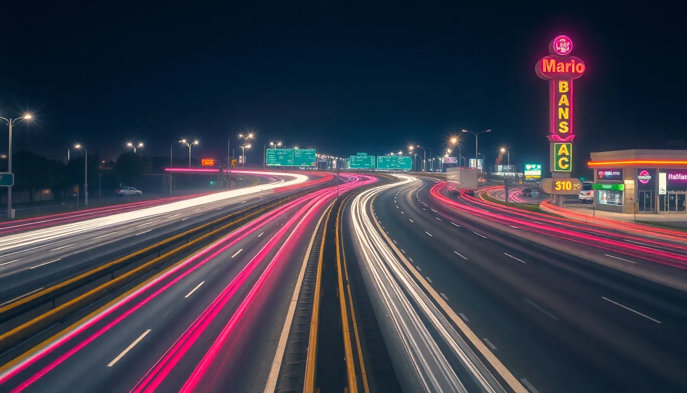 Neon Highway Interchange at Night This striking timelapse image captures the dynamic energy of a busy highway interchange at night. Streaks of light from moving vehicles create vibrant patterns against the dark asphalt, while neon signs and streetlights enhance the captivating atmosphere. The composition keeps both the foreground and background in crisp detail, showcasing the complex textures of the roads. The neon color palette adds a modern and lively touch to the urban scene.