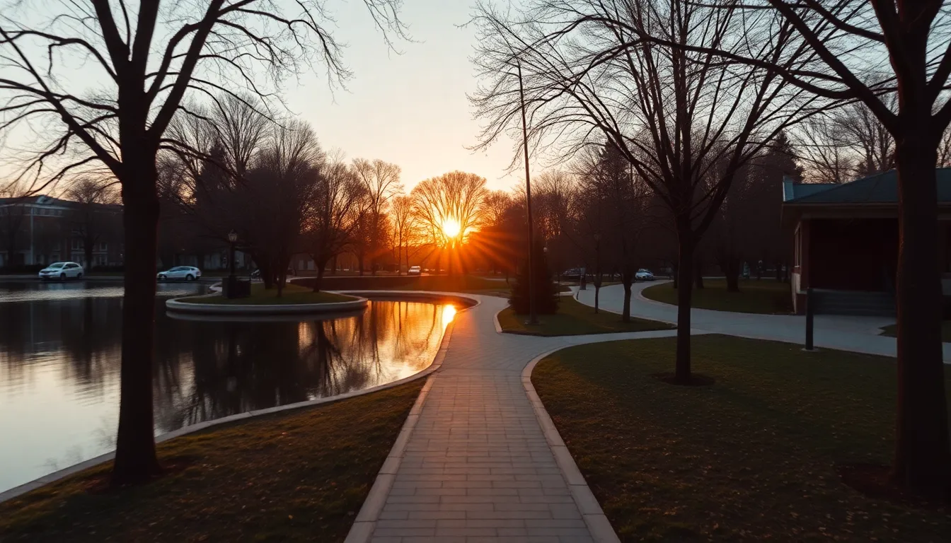 This peaceful timelapse captures a waterfront city park at dawn, where soft golden light spills over the water, creating enchanting reflections. Hyperfocal depth of field highlights the intricate details of the trees and pathways, while natural muted tones enhance the serenity of the scene. The centered symmetrical composition underscores the beauty of the park, inviting moments of calm reflection amidst the city bustle. Overall, the dreamy atmosphere resonates with early morning tranquility.