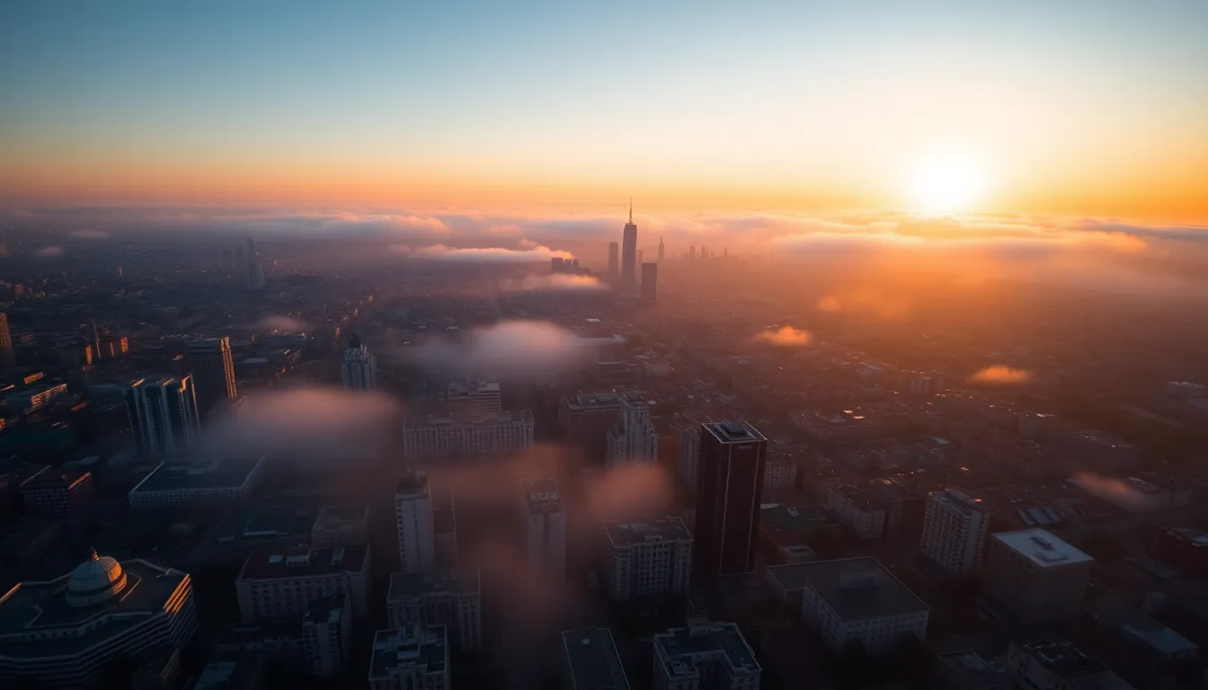 Cityscape Sunrise with Fog In this captivating timelapse, a sprawling cityscape awakens to a vibrant sunrise, illuminating the buildings in warm golden hues. Fog drifts through the valleys, creating layers of depth and mystery in the scene. The shallow depth of field adds a dreamlike quality, blurring the foreground while keeping the city sharp. The interplay of light and shadow across the textures of the clouds and buildings enhances the beauty of this urban landscape.