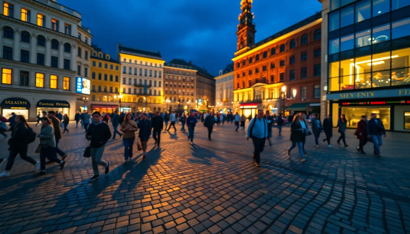 Vibrant City Square at Dusk This image captures a vibrant city square bustling with life during dusk. The transition from day to night illuminates the scene with a mix of warm yellow streetlights and cool blue shadows. People traverse the cobblestone pavement, creating a sense of movement and energy. The shallow depth of field accentuates the intricate textures of the stones, while the background softly blurs, drawing focus to the lively atmosphere.