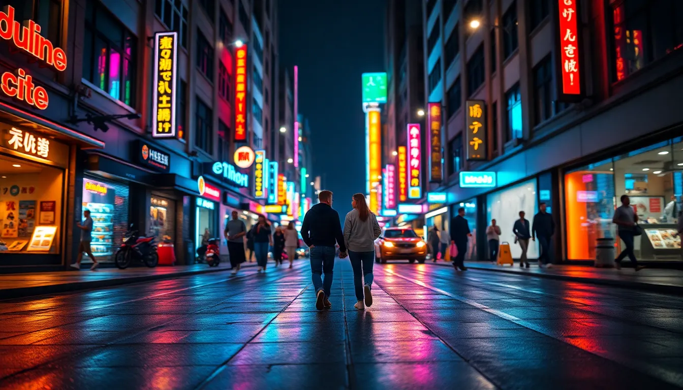This dynamic timelapse captures a bustling city street at night, illuminated by vibrant neon lights reflecting on the wet pavement. Pedestrians move through the scene, creating a sense of energy and movement. The cinematic teal and orange color grading enhances the urban atmosphere, while leading lines draw the viewer's eye towards the couple walking hand in hand. With a shallow depth of field, the background blurs softly, adding a dreamlike quality to the lively urban setting.