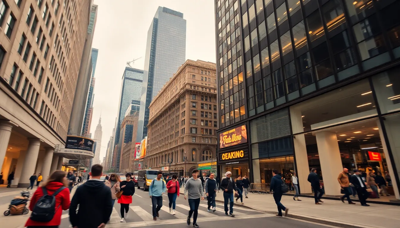 Dynamic City Street Timelapse This image captures a timelapse of a vibrant urban street scene, showcasing a lively atmosphere filled with pedestrians and vehicles. The overcast light creates a soft, diffused glow on the facades of high-rise buildings, enriching the cityscape with natural muted tones. The dynamic movement of people and cars contrasts against the sharp architectural details, inviting viewers to experience the pulse of city life. Captured in sharp focus, this image perfectly represents the hustle and bustle of a modern metropolis.