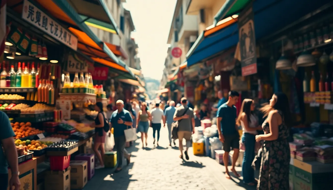 Lively Market Street at Midday This lively timelapse image captures a bustling market street filled with colorful stalls and energetic shoppers during midday. The bright sunlight illuminates the scene, casting sharp shadows and enhancing the vibrancy of the goods on display. Selective focus highlights the facial expressions of shoppers, conveying a sense of community and engagement. The dynamic composition draws the viewer's eye along the leading lines of the stalls, creating an immersive and vibrant marketplace atmosphere.