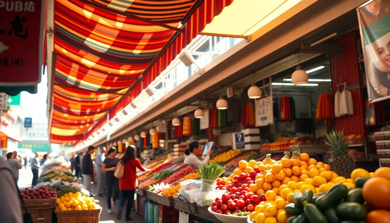 This lively timelapse showcases the vibrant energy of a busy market street filled with colorful stalls brimming with fresh produce. Sunlight streams through awnings, creating playful patterns of light and shadow across the scene. Rich primary colors of fruits and vegetables dominate the palette, capturing the essence of a bustling market atmosphere. The composition emphasizes the action at a vendor's stall, inviting viewers into the heart of the market experience, highlighted by the soft bokeh of surrounding activity.