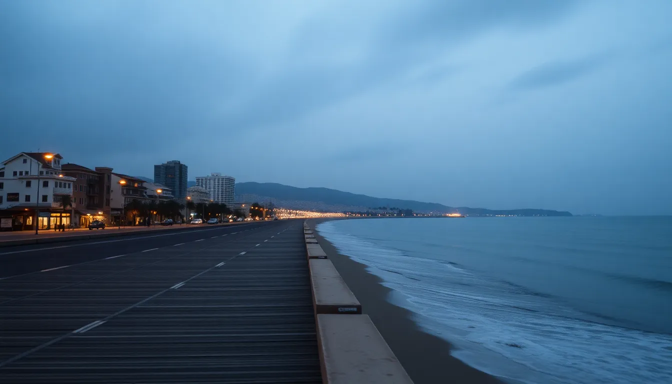 Coastal City at Dawn Timelapse Witness the serene beauty of a coastal city awakening at dawn through this captivating timelapse. Soft golden hour light gently illuminates the shoreline, contrasting with the muted blues and grays of the water and sky. The leading lines of the boardwalk draw the viewer's eye along the coast, creating a sense of tranquility and calm. Every detail is crisply captured, showcasing the peacefulness of the early morning as the city begins to come to life.
