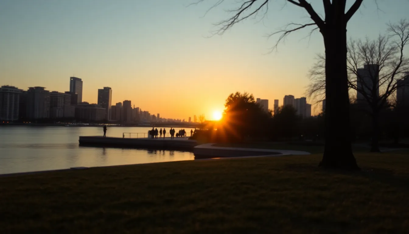 This serene timelapse image captures the tranquility of an evening by the waterfront in a city park. The warm golden glow of the setting sun reflects beautifully on the water, while the city skyline begins to light up, creating a peaceful atmosphere. The hyperfocal distance keeps both the lush park and cityscape in sharp detail, while calming pastel colors dominate the scene. Utilizing the rule of thirds, the image beautifully balances nature and urban life, showcasing the soothing textures of water and greenery.