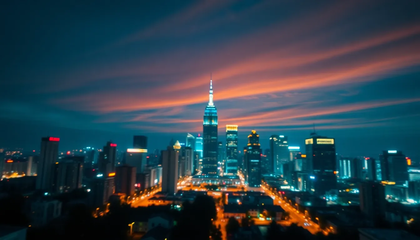 This breathtaking timelapse captures a cityscape at twilight, where deep blues and vibrant oranges from city lights merge in a stunning ambiance. Shallow depth of field draws focus to the illuminated skyline, creating a sharp contrast against the blurred foreground. The cinematic color grading adds an emotional depth to the scene, portraying the city as a vibrant entity. Centered composition emphasizes the architectural beauty of the skyline, making it a captivating urban view.