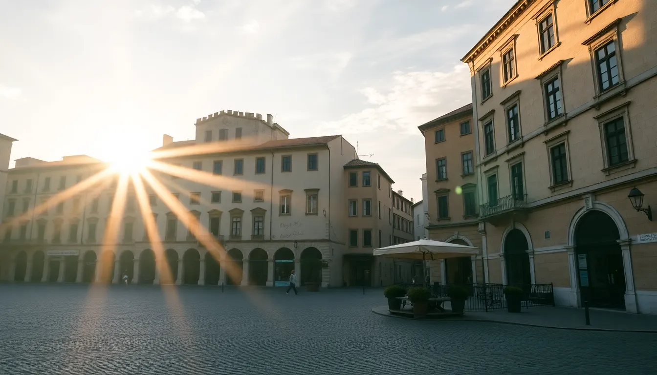 This tranquil timelapse captures the serene beauty of a historic city square at sunrise. The early morning light gently illuminates the cobblestone streets and intricately detailed architecture, creating a warm glow that bathes the scene in serenity. A hyperfocal depth of field ensures every detail is crisp, while a muted color palette with pastel hints enhances the peaceful morning atmosphere. The symmetrical composition encourages viewers to immerse themselves in the awakening life of the city.